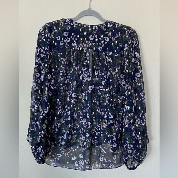 Isabel Marant Mia Silk Blue Midnight Blouse Floral Long Sleeve Size 4 - Picture 7 of 13